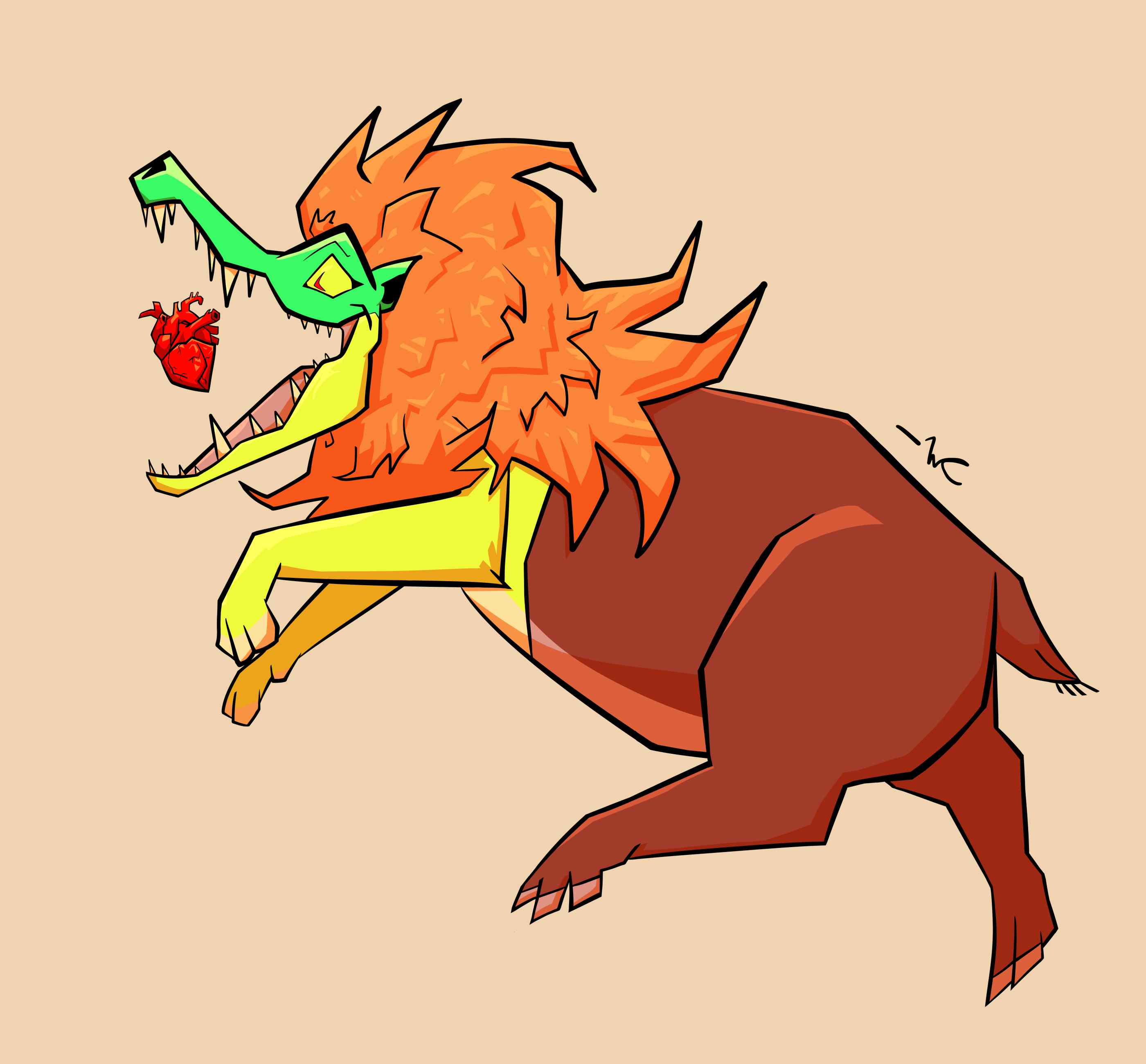 A sharp digital cartoon drawing of Ammit. She is lunging at a heart with an open mouth smile.